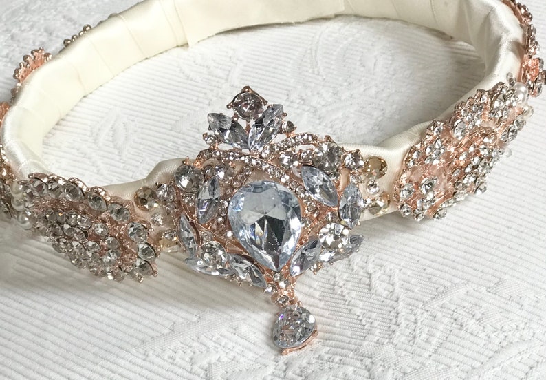 Rose Gold Wedding Crown Brooch Head Wreath Swarovski Crystal and Pearl Bridal Headpiece Bridal Accessory Free Shipping image 1