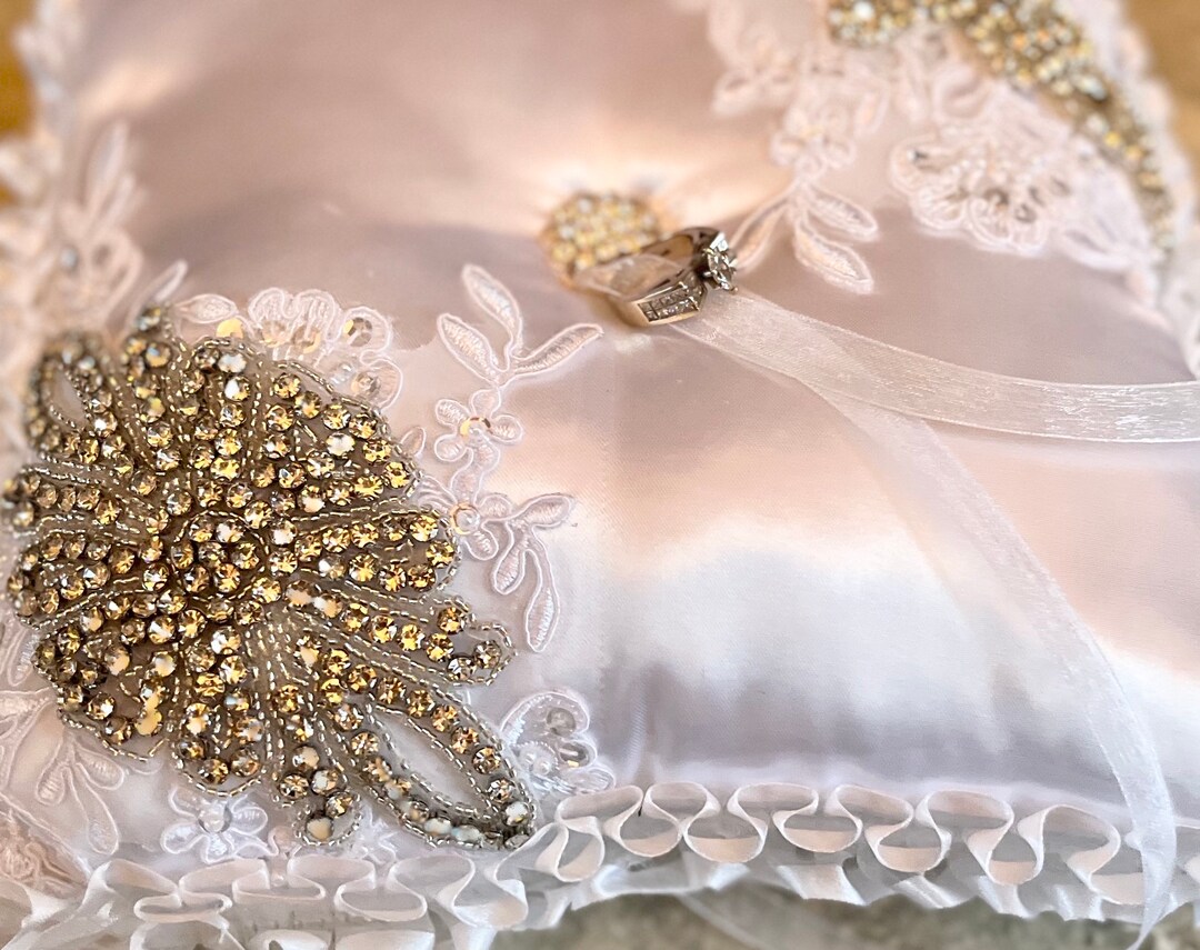 White Satin Ring Bearer Pillow With Silver Bling Applique Etsy