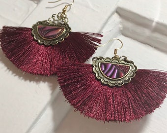 Fan Tassel Earrings - Burgundy - Antique Gold -  Fan - Fringe  - Dangle - Drop - Fish Hook - Dancing - earrings - Free shipping available