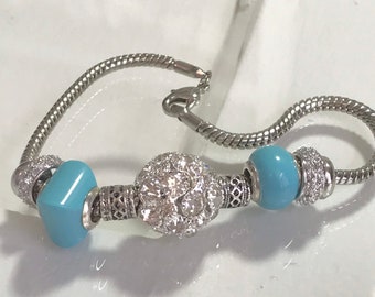 925 SS Genuine Turquoise Euro Beaded Charms & Stainless Steel Snake Chain Bracelet - Filigree Beads - and Crystal Dragon Ball Bead Center