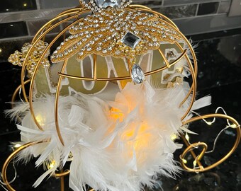 Cinderella Inspired - Fairytale Wedding - Gold - Coach - with Fairy Lights - White Feather Boa - Totally Dazzled - Bling - Free Shipping