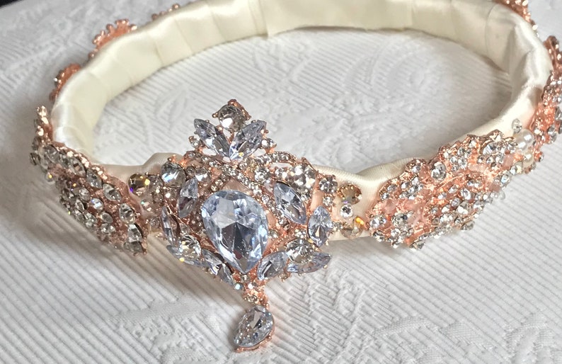 Rose Gold Wedding Crown Brooch Head Wreath Swarovski Crystal and Pearl Bridal Headpiece Bridal Accessory Free Shipping image 4