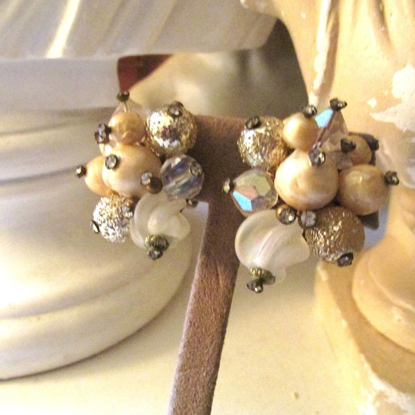 Vintage VENDOME Cluster Earrings, Clip On Earrings , Vintage Earrings, Bridal Jewelry, Crystal and Rhinestone Earrings, Wedding Earrings