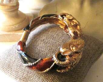 DONALD STANNARD Double Ram Head Enamel Bangle, Brown, Black and Gold Clamper Spring Bracelet, 1970's Designer Signed Bracelet