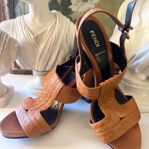 Vintage Fendi Italy Stacked Heel Sandals, Size 38 1/2, Leather Strap Sandals