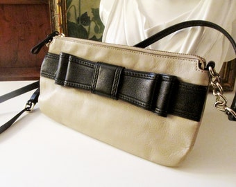 Vintage Kate Spade Bow Leather Shoulder Bag, Classic Beigne and Black Bow Accent Bag