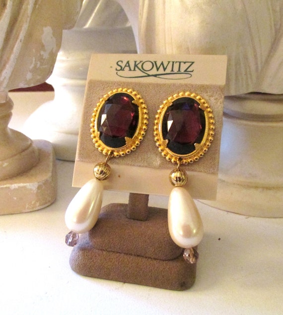 Vintage SAKOWITZ Dangle Drop Earrings, 1980's Cli… - image 1