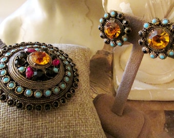 HOBE Jewelry Set, Earrings and Brooch, Demi-Parue, Topaz, Faux Rhinestones, Red Rhinestones