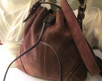 Vintage COACH Suede Drawstring Bag, Pochette Crossbody Suede Brown 9524