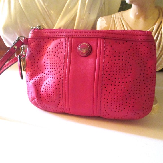 Vintage COACH Pink Perforated Leather Wristlet Zippered Pouch Etsy