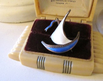 Vintage Norway Sterling Sailboat Scatter Pin, Blue and White Enamel Brooch, Nautical Brooch