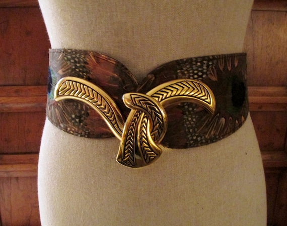 Vintage Peacock Feather Belt, 1980's Wide Cinch Be