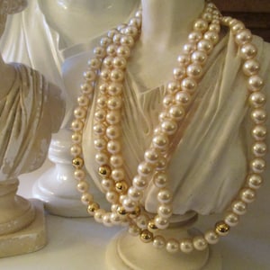 Vintage NAPIER Triple Strand Faux Pearl and Gold Bead Necklace, Wedding Necklace