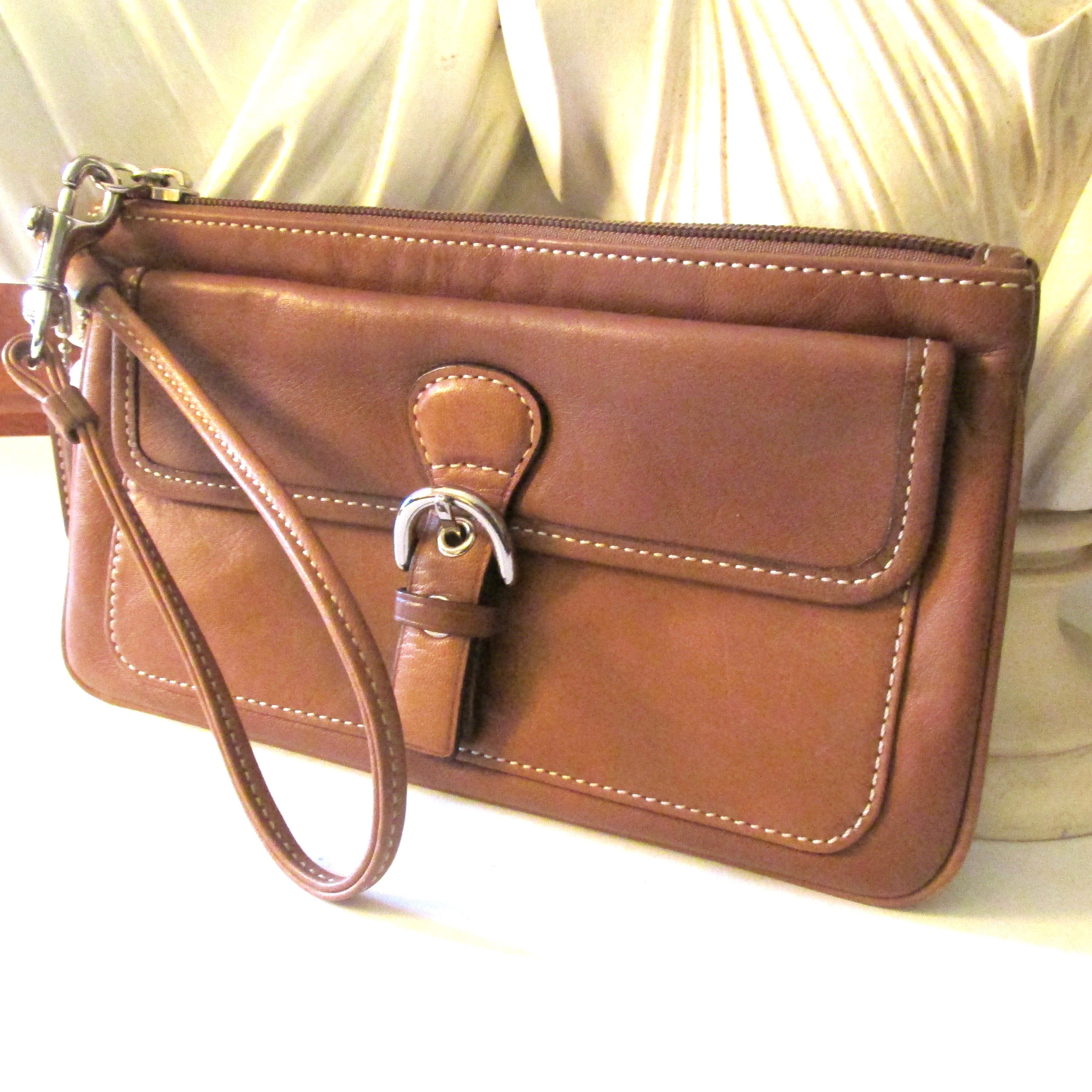 Vintage COACH Brown Leather Wristlet, Flap Pocket and Silver  Authentic Coach Leather Small Bag & Matching Wristlet Set main image 0