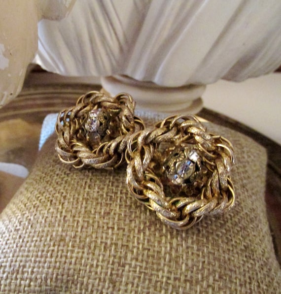 Vintage HOBE Earrings, Gold Chain Link and Rhinest
