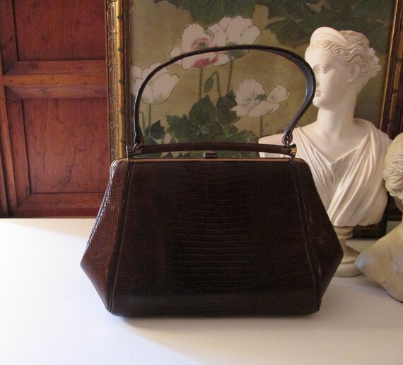 STERLING Lizard Top Handle Bag, 1950's Brown Lizar