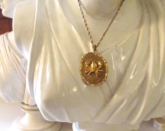 Vintage Cancer Crab Zodiac Pendant Necklace, Signed ART, Gold Tone Medallion, 1970's Fashion Necklace