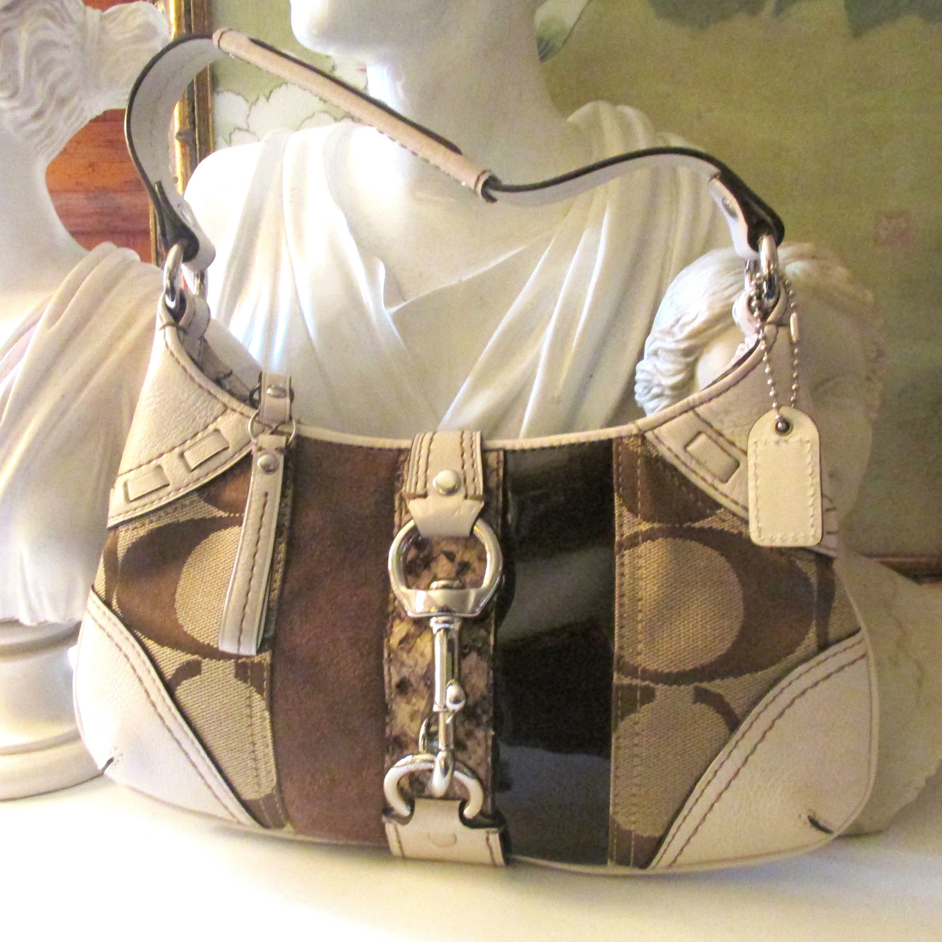 Vintage COACH Mini Bag, Logo Canvas, Suede, Snakeskin, Beige Vintage COACH Mini Bag, Logo Canvas, Suede, Snakeskin, Beige