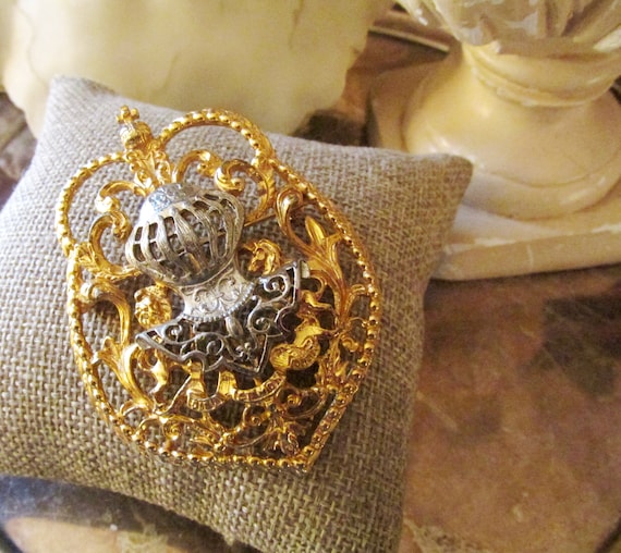 Signed ART Heraldic Shield Brooch, Royal Crest, Co