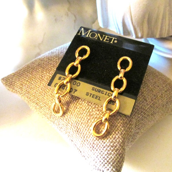 Vintage MONET New Old Stock Chain Link Earrings, For Pierced Ears, Designer Signed