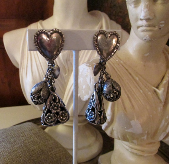 NAPIER Heart Pendant Earrings, 1950's Silver Chate
