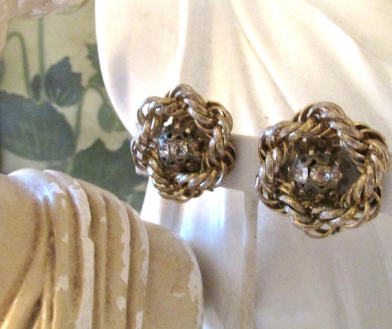Vintage HOBE Earrings, Gold Chain Link and Rhines… - image 3