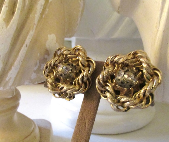 Vintage HOBE Earrings, Gold Chain Link and Rhines… - image 1