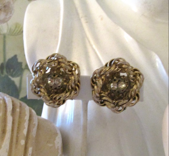 Vintage HOBE Earrings, Gold Chain Link and Rhines… - image 4