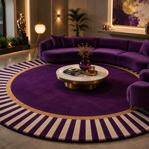 Può includere: Un grande tappeto circolare caratterizzato da un centro viola intenso, un sottile anello interno color oro e un'ampia bordura esterna con strisce alternate viola e color crema. Il tappeto è posizionato sotto un tavolino rotondo.