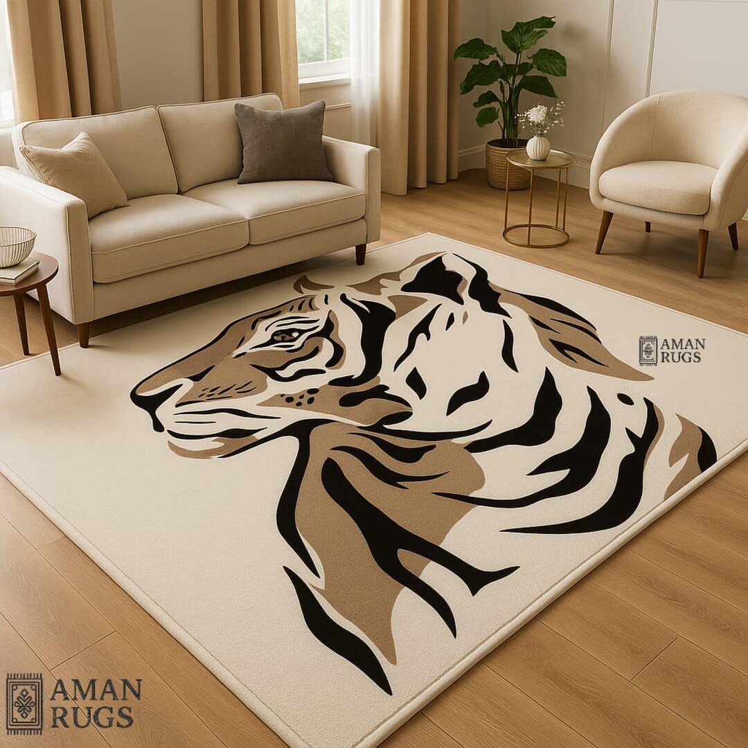 Tiger Design Wool Rug Modern Animal Print Carpet for Living Room Hand ...