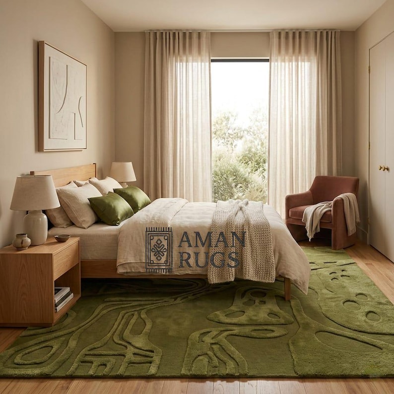 Olive green textured wool area rug 8x10 contemporary abstract hand tufted carpet 5x7 6x9 9x12 10x14 custom size