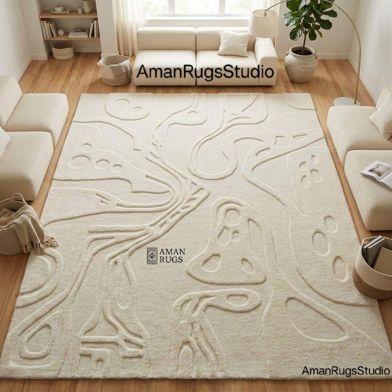 Ivory contemporary wool rug 8x10 thick hand tufted abstract New Zealand wool carpet 6x9 9x12 10x14 custom size available