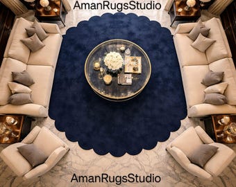 Luxury Hand Tufted New Zealand Wool Rug | Premium Navy Blue Designer Carpet | Round & Oval Shape Rug for Living Room Bedroom Home Decor