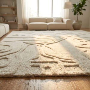 Ivory abstract wool rug 9x12 hand tufted New Zealand wool area rug for minimalist living room, carved contemporary design carpet 8x10 6x9 10x14 large luxury rug