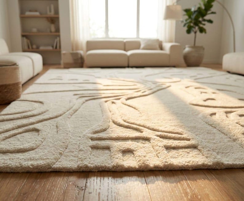 Ivory abstract wool rug 9x12 hand tufted New Zealand wool area rug for minimalist living room, carved contemporary design carpet 8x10 6x9 10x14 large luxury rug