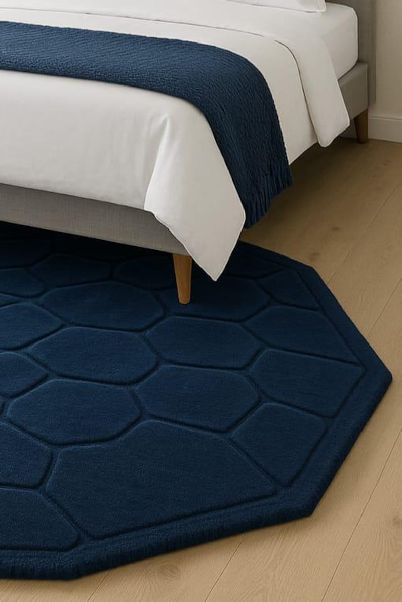 Decagon Rug Navy Blue Geometric Wool Rug 4x4 Handmade Octagon Carpet 5x5 Modern New ...
