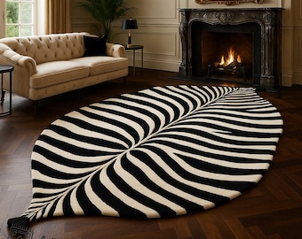 Modern Leaf Rug Handmade Wool Carpet  Unique Black White Zebra Pattern Botanical Design Luxury Statement Rug for Living Room, Bedroom Office