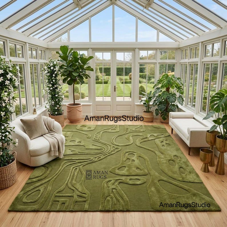 Handmade olive green New Zealand wool rug 9x12 modern abstract carved design thick plush 8x10 6x9 10x14 contemporary living room carpet