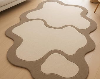 Modern Irregular Shaped Rug 3X5 Handmade Tufted Wool Carpet 5X7 Beige & Brown Cloud Rug 6X9 Contemporary Living Room Decor (7X10 8X10 9X12)