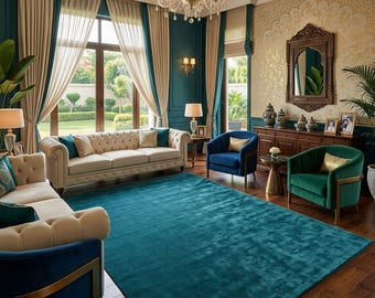 8x10Teal Blue New Zealand Wool Rug Handmade Solid Area Rug Modern Minimalist Carpet Luxury Living Room Rug Runner Round Rug, Custom Size Rug