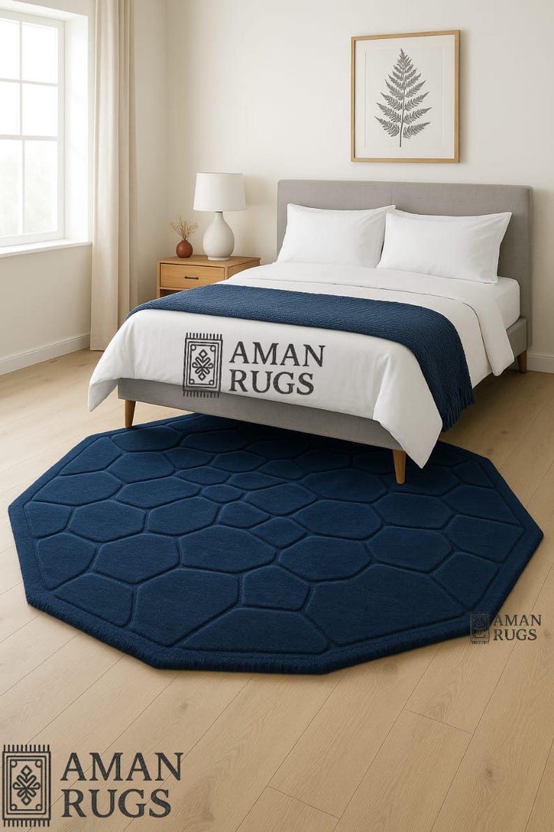 Decagon Rug Navy Blue Geometric Wool Rug 4x4 Handmade Octagon Carpet 5x5 Modern New ...