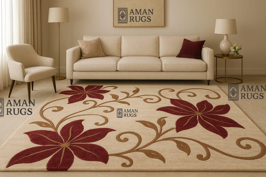 Maroon Patterned Rug Elegant Floral Beige & Maroon Rug Hand-tufted Wool Carpet Modern Living ...