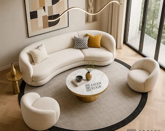 Modern Round Wool Rug 3X3 Luxury Hand-Tufted Beige Carpet with Black Border 5X5 Minimalist Living Room Area Rug (6X6 7X7 8X8) Custom Rug