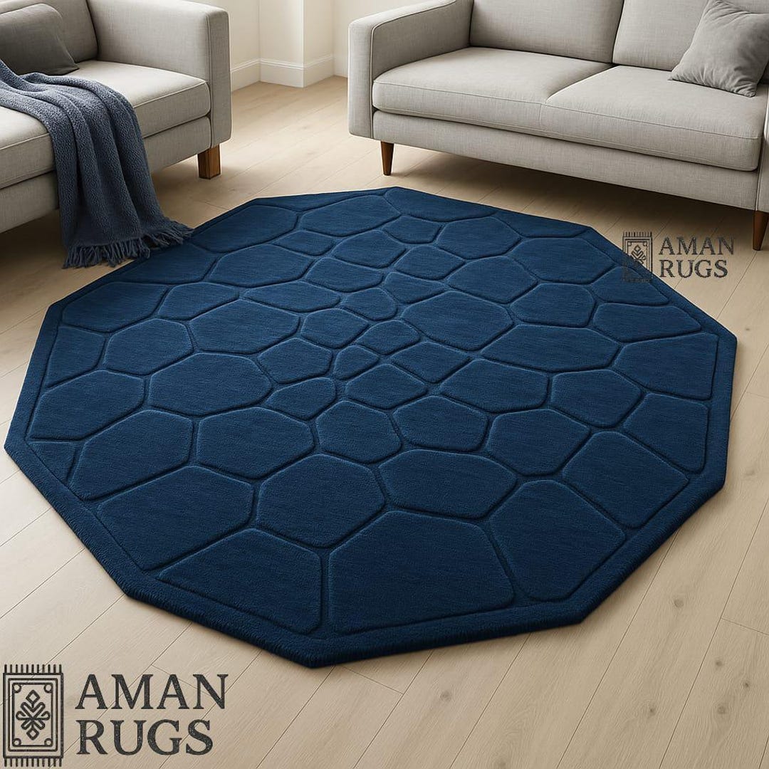 Navy Blue Geometric Wool Rug 4x4 Handmade Octagon Carpet 5x5 Modern New ...