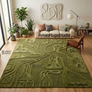 Abstract New Zealand wool rug 8x10 olive green hand tufted modern area rug with carved texture for contemporary living room décor, luxury thick wool carpet 9x12 10x14 custom size available