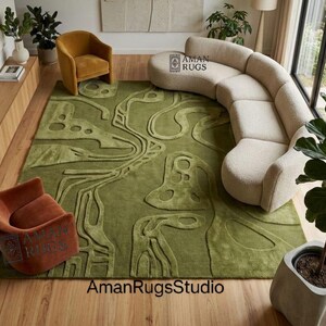 Abstract olive green area rug 10x14 oversized New Zealand wool hand tufted carpet for modern living room 8x10 9x12 custom rug