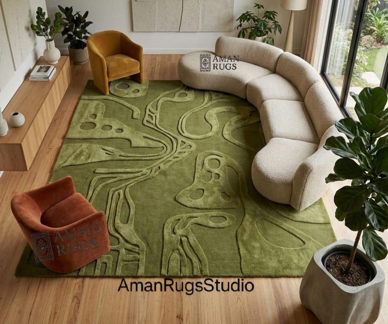 Abstract olive green area rug 10x14 oversized New Zealand wool hand tufted carpet for modern living room 8x10 9x12 custom rug