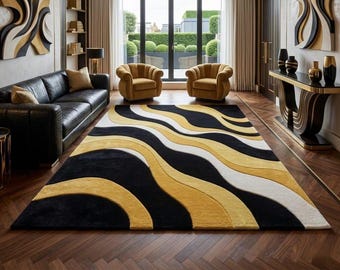 Hand Tufted Wool Rug, Modern Abstract Area Rug, Black Gold Wave Carpet, Luxury Living Room Rug, Custom Wool Rug, Contemporary Handmade Rug