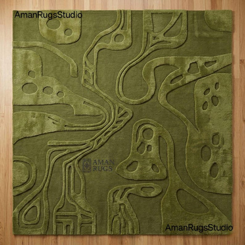 Olive green modern wool rug 8x10 thick hand tufted abstract carpet for large living room, premium New Zealand wool area rug available in 5x7 6x9 9x12 10x14