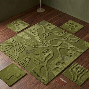Large olive green abstract rug 9x12 modern New Zealand wool hand carved thick plush carpet 8x10 10x14 available
